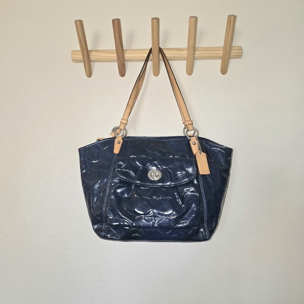 Coach Navy Blue Patent Leah Tote Bag Embossed Signature C Leather Trim - Picture 3 of 16